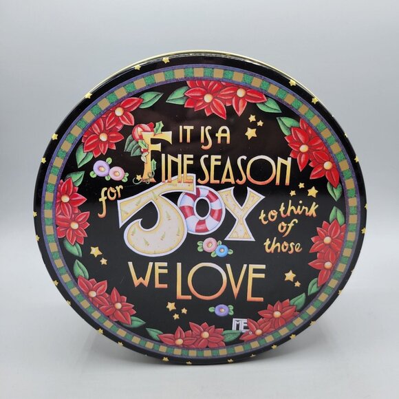 Mary Engelbreit Holiday Tin Container Joy Poinsettia Design Checkered Sides - Picture 1 of 9